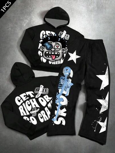 Tween Boy Casual Minimalist Autumn New Arrival Y2K Hiphop Style Star, Flame, Cool English Letter, Graphic Loose Hoodie And Flare Pants 2-Piece Set, Suitable For Autumn/Winter