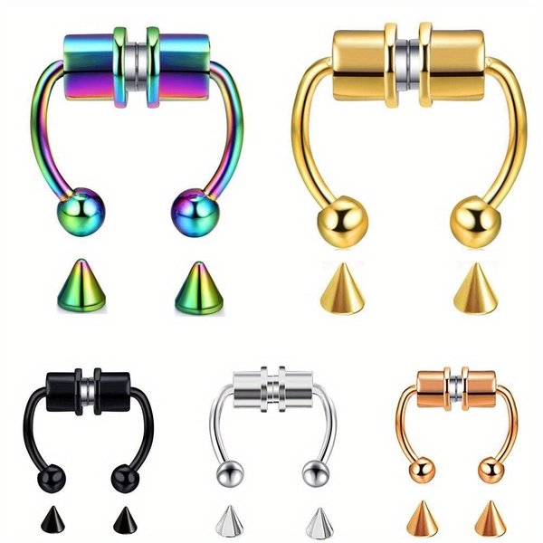5pcs Set Stainless Steel Non-Piercing Horseshoe Nose Rings, Funky Style Fake Nose Hoops, Clip-On Nose Jewelry for Men and Women, All-Season Daily and Gift Occasions