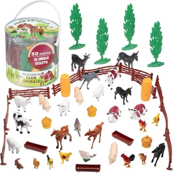 SCS Direct Farm Animal Action Figures Big Bucket of Farm Animals 50 Pieces in Set