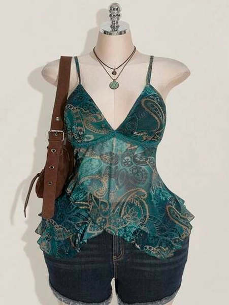 SHEIN ICON Plus Size Women's Vacation Cashew Floral Print Ruffled Strap Camisole 4th Of July Women Outfits Cute Summer Tops Going Out Tops