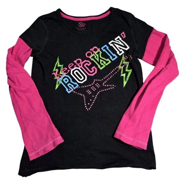 Y2K  VTG Thermal Sleeve Black Pink Baby Tee Rock...