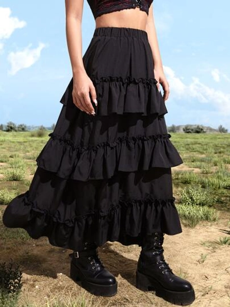 ROMWE Goth Renaissance Solid Ruffle Hem Layered Skirt - Size S