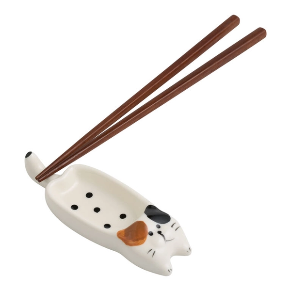 White and Brown Cat Figural Chopstick Rest and Sauce Dish