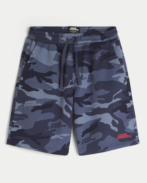 At-the-Knee Camo No Fear Graphic Baggy Fleece Shorts