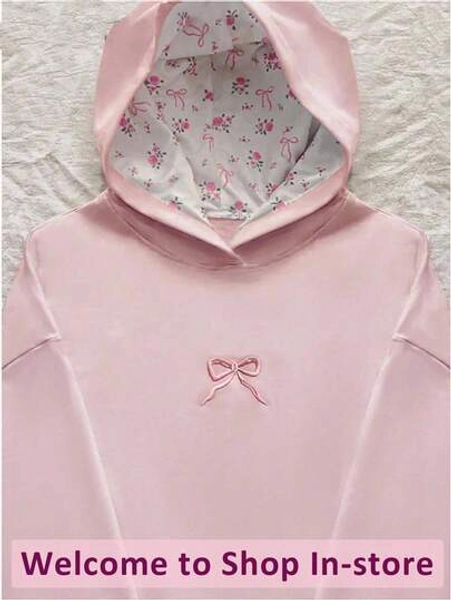 Soft Polyester Tween Girls Hoodie In Pink With Tight Hem And Graphic Bow Detail Fall Winter