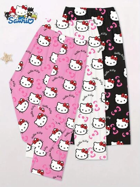 Sanrio 3pcs/Set Sanrio Hello Kitty Printed Casual Lounge Pants, Soft Fabric, Suitable For Spring/Summer, Fall Clothes