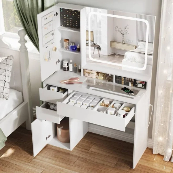 Latitude Run White Makeup Vanity with Glass Top