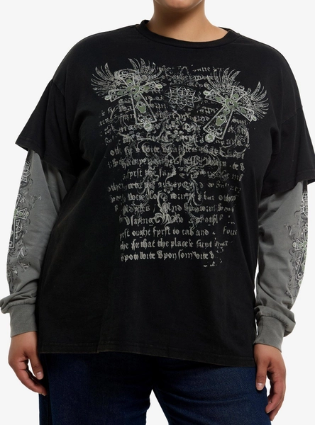 Winged Cross Black & Green Girls Long-Sleeve T-Shirt Plus Size