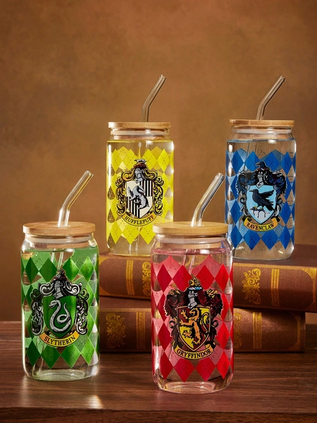 HARRY POTTER X SHEIN Plaid House Design Glass Straw Cup (Straw Cleaning Included), For Cold Or Hot Drinks, Coffee, Milk, Juice Cup,Back To School