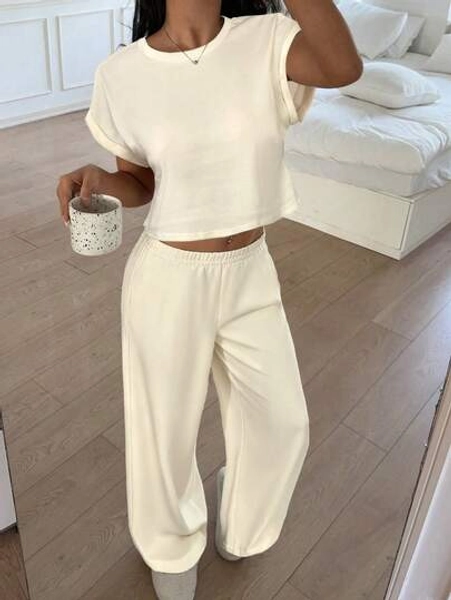 CovetEZ Women's Bat Sleeve Round Neck Top And Pants Loungewear Set Cream Two Piece Set Two Piece Set Women Comfy Casual 2 Piece Set Comfortable Two Piece Set Summer Lounge Set