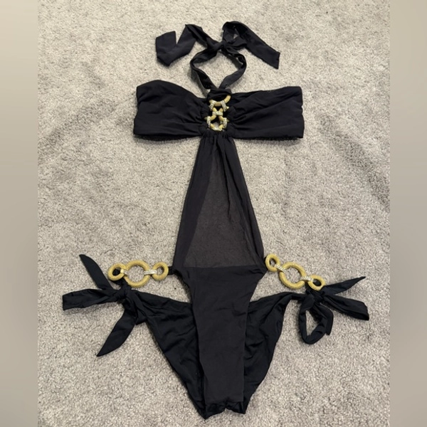 RARE Beach Bunny Bronze Monokini with Rhinestone and Gold Details