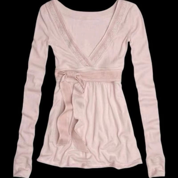 Women's solid color retro V-neck lace top autumn long-sleeved slim fit basic shirt Harajuku fairy style all-match pullover 2000s - AliExpress 200000345