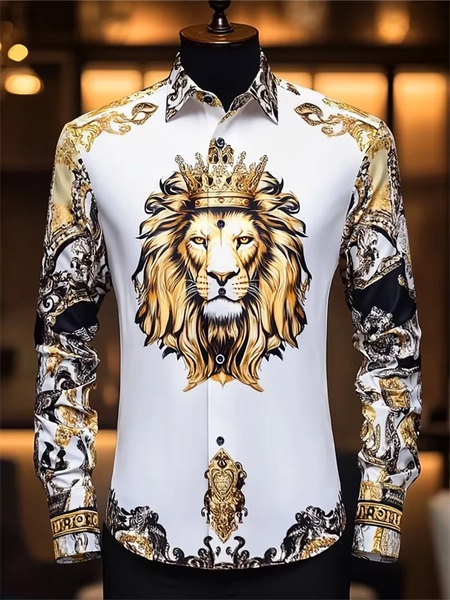 New men's long sleeved shirt with gold 3D lion print technology, fashionable pattern, luxurious shirt style - AliExpress 200000343