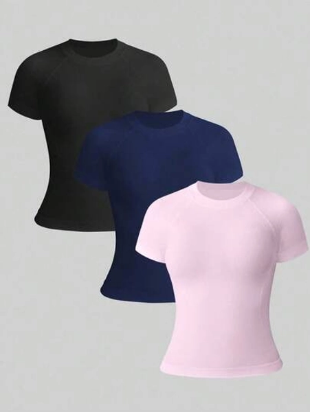 Eassivo 3PCS Leisure Solid Raglan Sleeve Sports Tee Gym Tops For Women Workout Shirts For Women Spandex Shirts