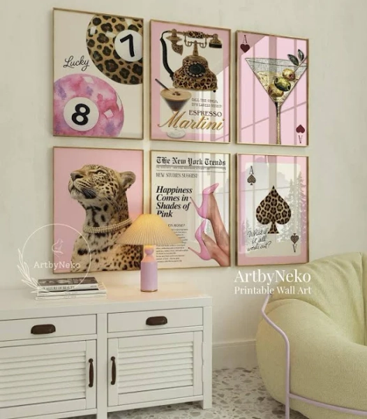 Pink Glam Leopard Wall Art Set of 6, Y2K Dorm Posters, Coquette Fashion Decor, Aesthetic Gallery Wall, Old Money Pink Prints, Trendy Prints