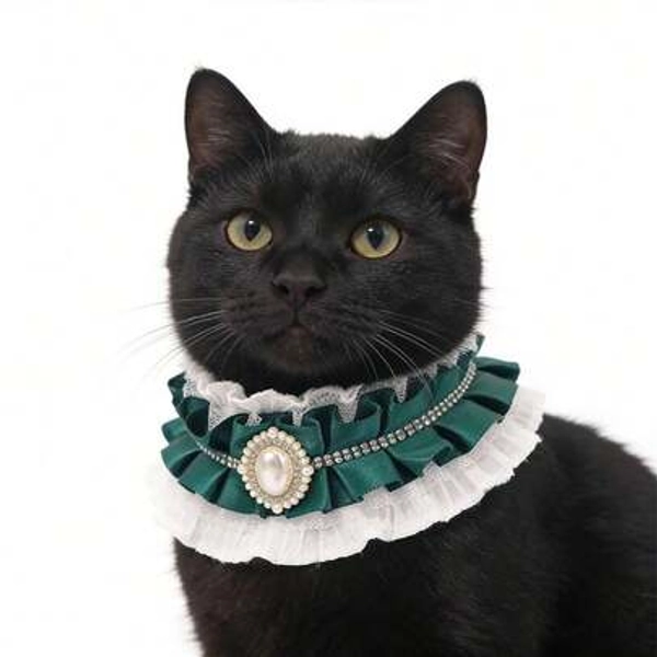 Vintage Princess Cat Collar Ruffle Lace Pearl Pendant Adjustable Soft Pet Collar Elegant Gothic Bow Pet Accessory For Cats Photo Prop Party Wear - Size L (30+5CM Tail Chain)