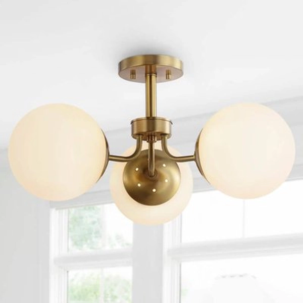 JONATHAN Y Olivier 23.5 in. 3-Light Brass Gold Bohemian Farmhouse Iron/Frosted Glass LED Semi Flush Mount, White