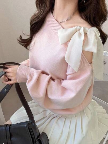 FRIFUL Women's Contrast Color Asymmetrical Shoulder Drop Shoulder Bow Loose Casual Versatile Sweater, Autumn/Fall