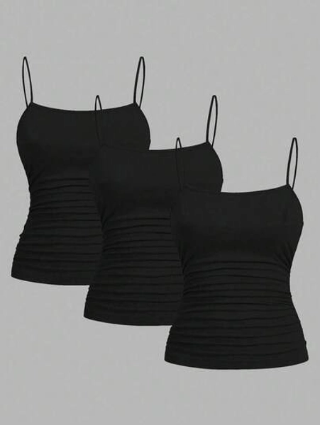 SHEIN EZwear 3pcs Black Plus Size Women's Ruched Side Sleeveless Camisole Tops, Suitable For Summer