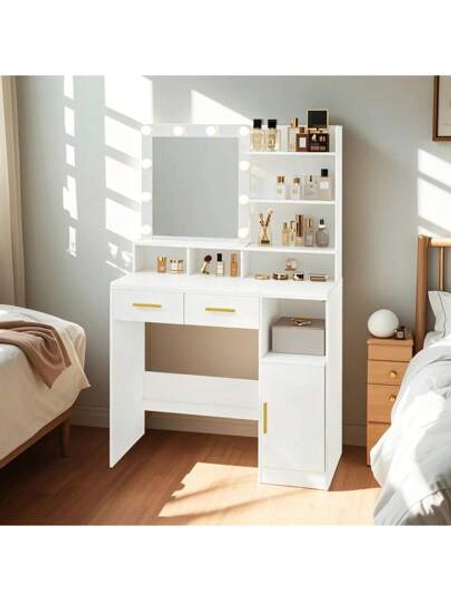 Hzuaneri Tocador, con Espejo y 10 Luces LED Ajustables, Mesa de Maquillaje con 2 Cajón y 1 Armario, 3 Estantes y 4 Compartimentos Abiertos, Blanco