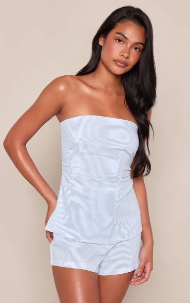 Bleu Combinaison Short Rayée Aspect Lin