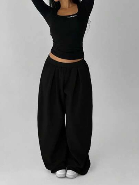 FavEase Women's Fleece Elastic Waist Solid Color Pleated Casual Sweatpants