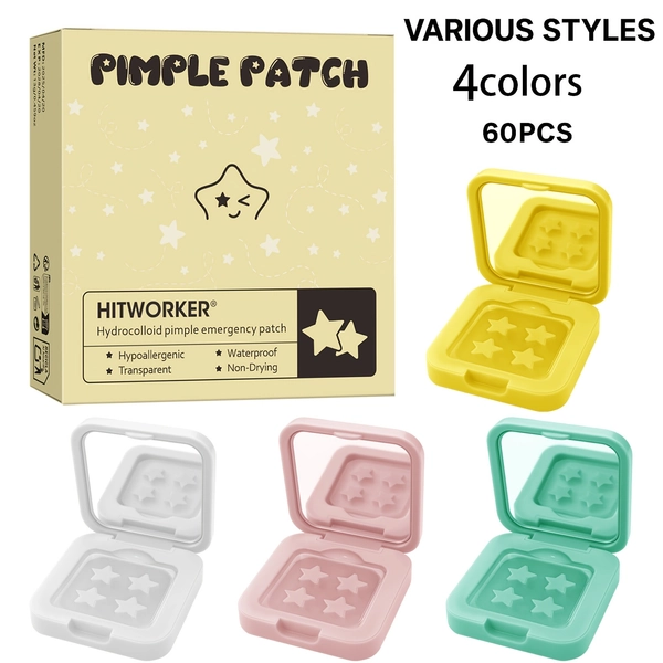 60pcs HITWORKER Star Hydrocolloid Patches - Alcohol-Free & Fragrance-Free, Non-Irritating for All Light Beige Types, Portable Lens Case, Day & Night Use, 4 Colors (Pink, Yellow, Green, Blue) - Gentle on Sensitive Light Beige, Pimple Patch, Skincare Accessory, Playful Design, Alcoholfree Skincare