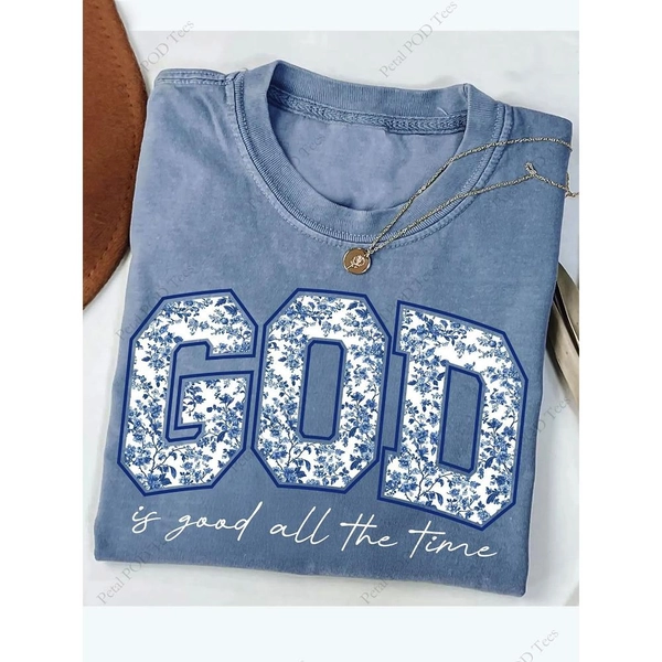 This Women'S Lightweight T-Shirt, Weighing 230G And Featuring a Heavy Washed Wax Print, Showcases a Retro Design with The Inspirational Phrase 'God Is Always Good' Along with Floral Lettering. It Has a Soft Round Neck And Short Sleeves