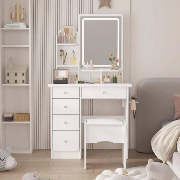 FUFU&GAGA 5-Drawers White Makeup Vanity Sets with Stool, LED Lighted Mirror, Power