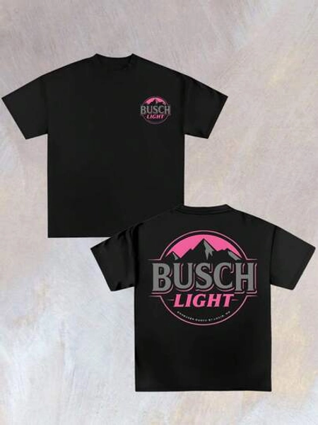 Double-Sided Printing,Stylish Busch Light Mountain Graphic Tee ,Casual Digital Print 220g Pure  Heavy 100% Cotton T Shirt,Summer Crew Neck,Unisex