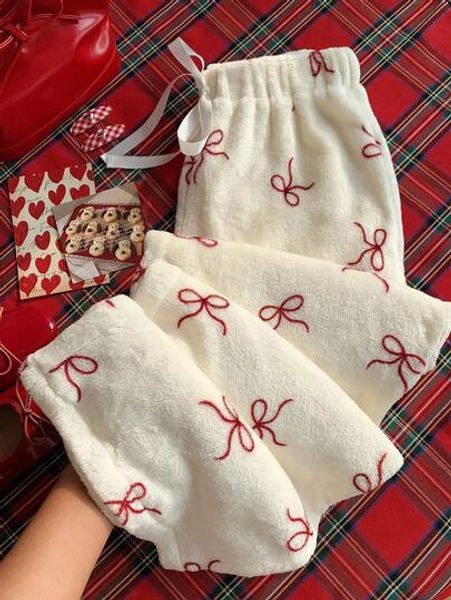 Comfortcana 2025 New Fall And Winter Women's Bow Print Warm Pants For Winter Christmas Clothes For Women Winter Clothes For Womennew Year Outfit