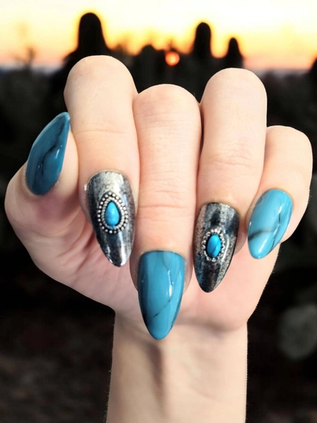 Silver & Turquoise Western Press on nails, Vintage antique boho custom gel nails