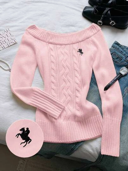 Comfortcana Women's Contrast Color Embroidered Decor Off Shoulder Long Sleeve Sweater Jumper For Woman Women Sweaters Pink Sweater Jumpers For Women Pink Jumper Women Sweaters Cable Knit Sweater,Fall,Fall Clothes For Women