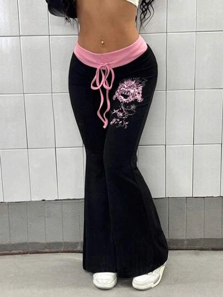 StreetHx Women's Color Block & Graphic Print Flare Leg Punk Style Pants Fall Cloth For Women
