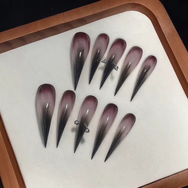 10PCS Luxurious smoky eye shadow, black gradient pointed false nails, detachable silver metal nail caps accessory - AliExpress 