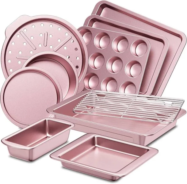 HONGBAKE Bakeware Sets, Baking Pans Set, Nonstick Oven Pan For Kitchen With Wider Grips, 10-Pieces Including Rack, Cookie Sheet, Cake Pans, Loaf Pan,