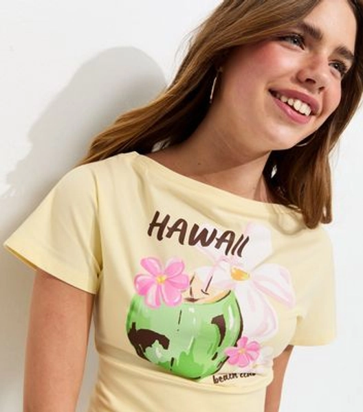 Girls Light Yellow Hawaii Print Cinched Waist T-Shirt