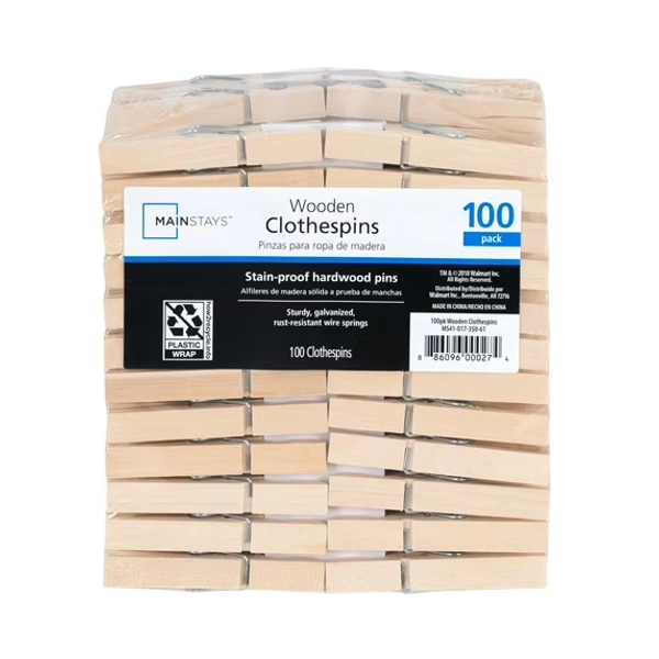 Mainstays Wooden Moisture‑Resistant Clothespins, Natural Wood, 100‑Count