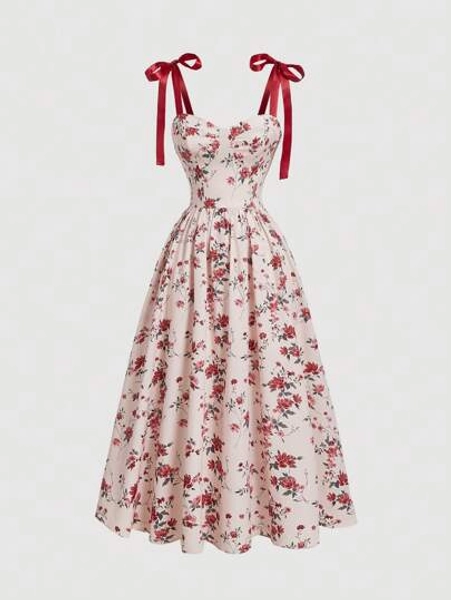 SHEIN MOD Romantic Floral Printed Shoulder Strap Tie Waist Women's Summer Dress,Summer Women Dresses,Bridgerton Style Dress,Floral Dress
