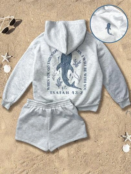 SHEIN EZwear Slogan Graphic Pocket Hoodie & Shorts Beach Vacation Outfits Hoodie And Shorts Set Women Hoodie And Shorts Set Whale Shark Hoodie Gray Hoodie And Shorts Set Back To School Fall And Winter Clothing Autumn And Winter