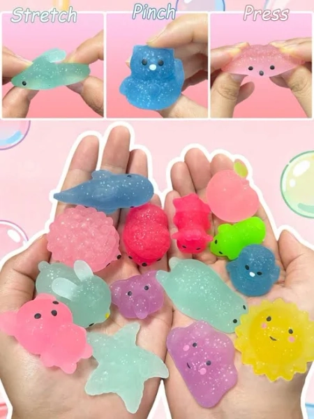 [1/3/5/10/15/20/30/40/50pcs] Glitter Mochi Squishy Toys, Cute Mini Squeeze Toys, Stress Relief Toys, Children's Gift, Christmas Stocking Stuffer,