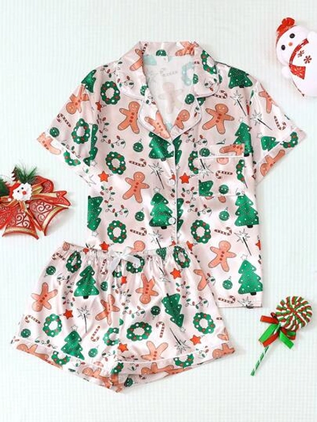 2pcs Satin Pajama Set, Christmas Tree & Gingerbread Man Print Short Sleeve Lapel Top And Bow Shorts, Women Sleepwear & Loungewear Suitable For Christmas