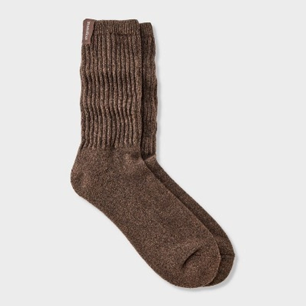Women's Ultra Soft Ribbed Cushioned Slouch Crew Socks with Woven label 'Manifest' - Auden™ Brown 4-10