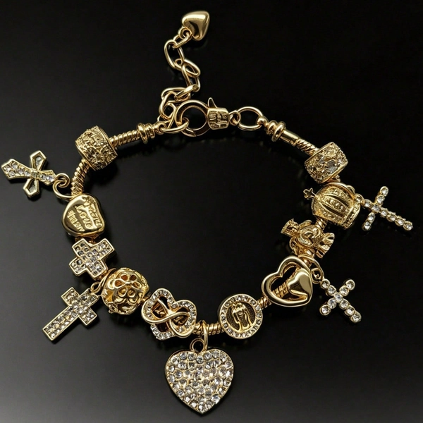 1pc European & American Vintage Heavy-Duty DIY Beaded Bracelet, With Multiple Detachable Charms Heart, Cross, Portrait Round Pendant, Lobster Clasp Adjustable Tail Chain Fits All Wrist Sizes, Vintage Versatile, Daily Commute, Date, Atmospheric Niche Women's Jewelry