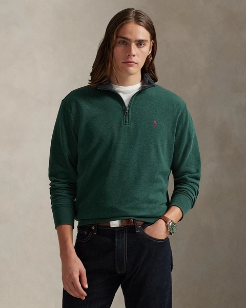 Men's L Dark Grey Heather Luxury Jersey Quarter-Zip Pullover | Ralph Lauren
