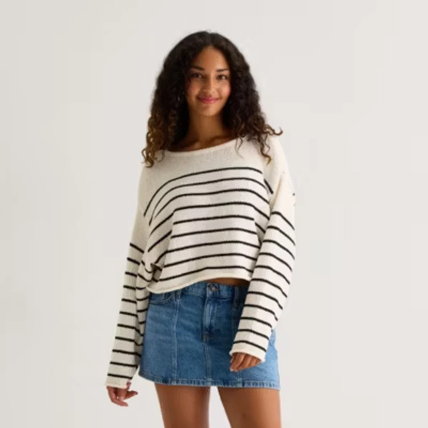 Arizona Juniors Womens Boat Neck Long Sleeve Striped Pullover Sweater