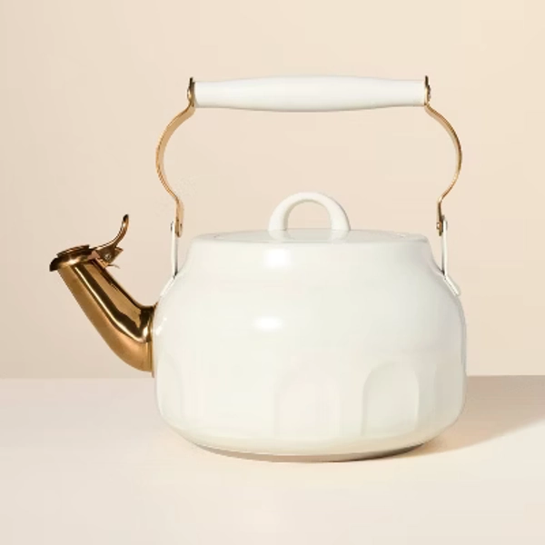 2qt Stainless Steel Arch Cutout Teapot Cream - Hearth & Hand™ with Magnolia: Whistle, Removable Lid, Gas & Electric