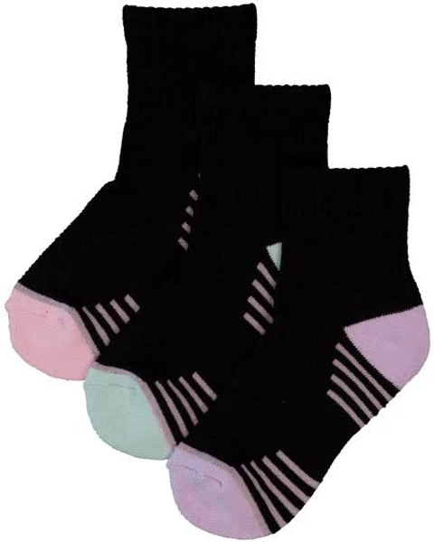 Elite Action Sports Girls Quarter Crew Sport Socks 3 Pack, Black, Size 9-12