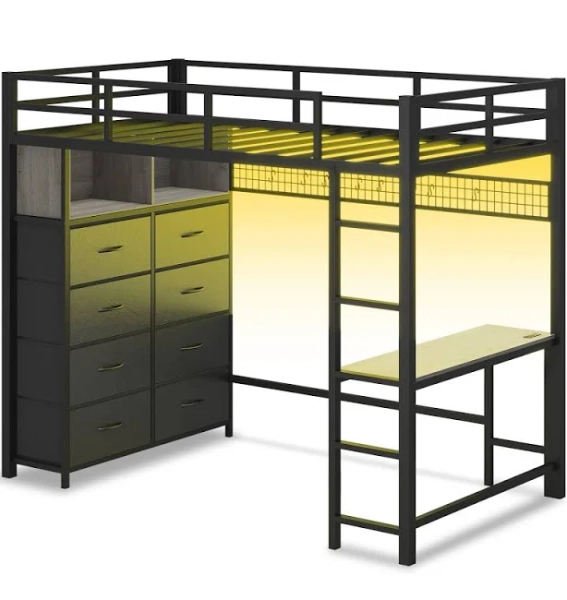 Sikaic Twin Loft Bed Frame with LED Lights, Desk, 8 Drawers, Charging Station, Storage