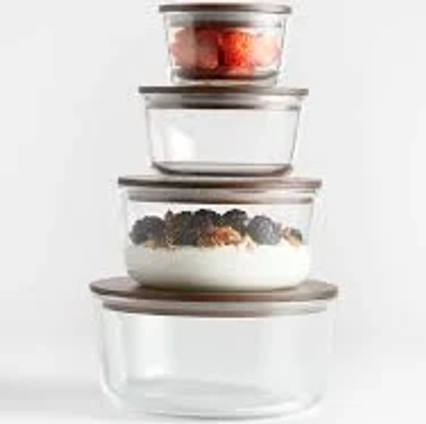 Crate & Barrel 8-Piece Round Glass Food Storage Container with Dark Acacia Wood Lids